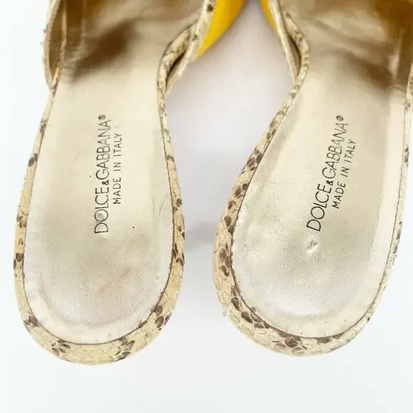 Dolce & Gabbana Retro Yellow Canvas Snakeskin Peep Toe Kitten Heel Mules IT 36 - Picture 8 of 11
